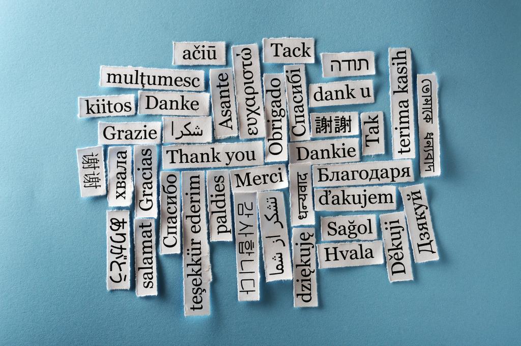 Thank You Word Cloud printed on paper on blue font